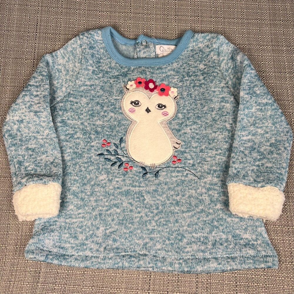 Quiltex Toddler Sweater 18M Blue Owl Appliqué Sherpa Cuffs Cozy Top